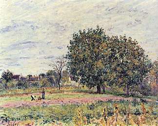 10月初日落时的核桃树 Walnut trees at sunset in early October (c.1882)，阿尔弗莱德·西斯莱