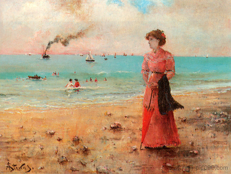 海边拿着红伞的年轻女子 Young woman with the red umbrella by the sea (c.1885)，阿尔弗雷德·史蒂文斯