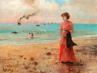 海边拿着红伞的年轻女子 Young woman with the red umbrella by the sea (c.1885)，阿尔弗雷德·史蒂文斯