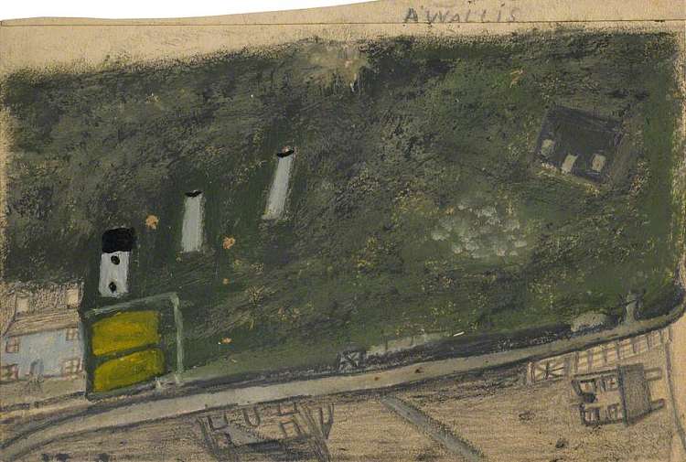 蓝色和深绿色小屋之间的田野，烟囱和道路景观（Consols矿） Landscape with Field, Chimneys and Road between Blue and Dark Green Cottages (Consols Mine) (1936)，艾尔弗雷德沃利斯