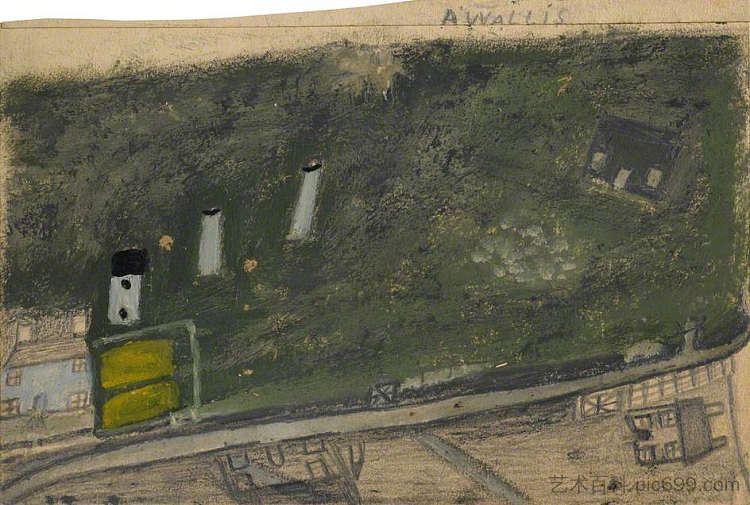 蓝色和深绿色小屋之间的田野,烟囱和道路景观(Consols矿) Landscape with Field, Chimneys and Road between Blue and Dark Green Cottages (Consols Mine) (1936),艾尔弗雷德沃利斯