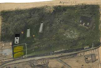 蓝色和深绿色小屋之间的田野，烟囱和道路景观（Consols矿） Landscape with Field, Chimneys and Road between Blue and Dark Green Cottages (Consols Mine) (1936)，艾尔弗雷德沃利斯