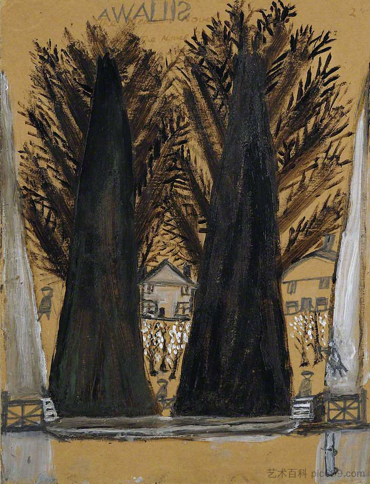有两棵大树和房子的景观 Landscape with Two Large Trees and Houses,艾尔弗雷德沃利斯