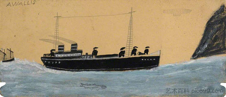 机动船与飞艇和鲨鱼 Motor Vessel with Airship and Shark,艾尔弗雷德沃利斯