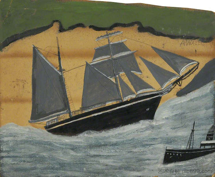 沙滩上的帆船 Sailing Ship against a Sandy Beach，艾尔弗雷德沃利斯