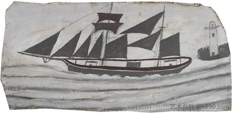 在灯塔附近全帆开的纵帆船 Schooner in Full Sail near a Lighthouse (1928),艾尔弗雷德沃利斯