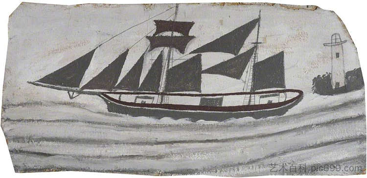 在灯塔附近全帆开的纵帆船 Schooner in Full Sail near a Lighthouse (1928)，艾尔弗雷德沃利斯