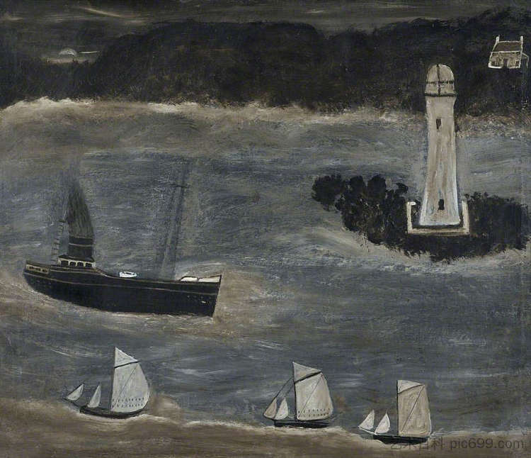 海景,驶过长船的船只 Seascape, Ships Sailing Past the Long Ships (1928),艾尔弗雷德沃利斯