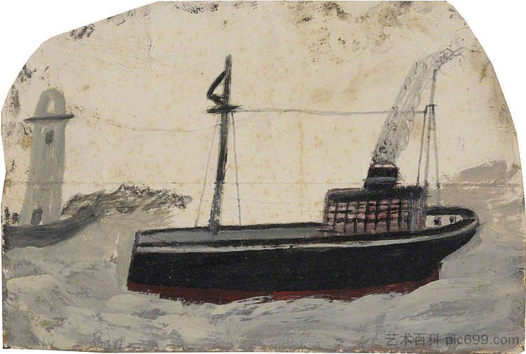 带灯塔的小黑轮船 Small Black Steamer with Lighthouse，艾尔弗雷德沃利斯