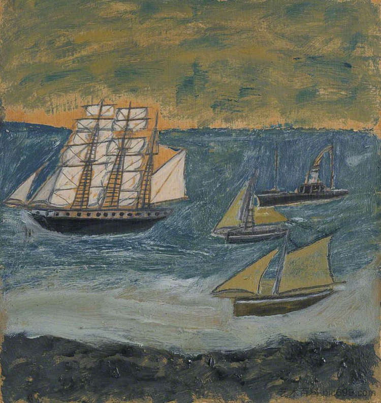 三桅帆船与三艘小船 Three-Masted Barque with Three Small Ships,艾尔弗雷德沃利斯