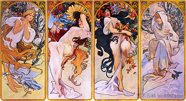 四幅拼图的裁剪印花,每幅画都描绘了由女性拟人化的四个季节之一 Cropped print of four panels each depicting one of the four seasons personified by a woman (1897),阿尔丰斯·慕夏
