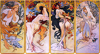 四幅拼图的裁剪印花，每幅画都描绘了由女性拟人化的四个季节之一 Cropped print of four panels each depicting one of the four seasons personified by a woman (1897)，阿尔丰斯·慕夏