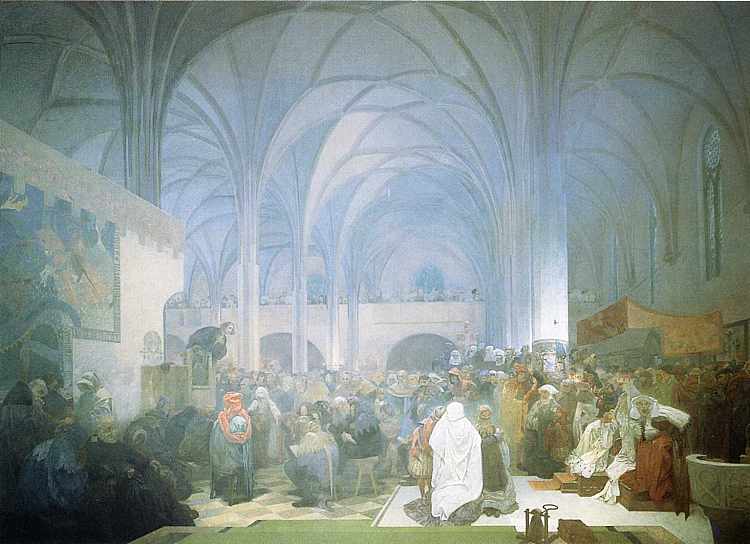扬·胡斯大师在伯利恒礼拜堂讲道 Master Jan Hus Preaching at the Bethlehem Chapel (1916)，阿尔丰斯·慕夏