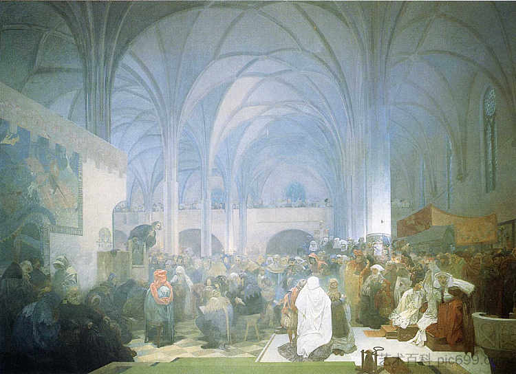 扬·胡斯大师在伯利恒礼拜堂讲道 Master Jan Hus Preaching at the Bethlehem Chapel (1916)，阿尔丰斯·慕夏