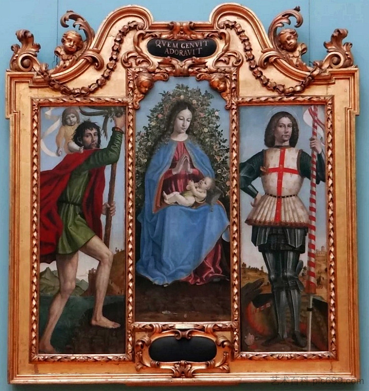 麦当娜和孩子，圣克里斯托弗和圣乔治 Madonna and Child, St. Christopher and St. George (c.1492 - c.1494; Italy  )，安布罗吉奥·贝尔戈尼奥内