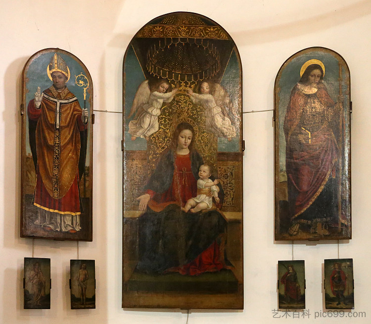 息肉。麦当娜和孩子,圣詹姆斯大帝和圣亨利 Polyptych. Madonna and Child, Saint James the Great and Saint Henry (1484),安布罗吉奥·贝尔戈尼奥内
