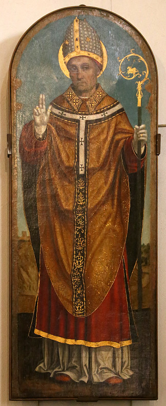 息肉。麦当娜和孩子，圣詹姆斯大帝和圣亨利（局部） Polyptych. Madonna and Child, Saint James the Great and Saint Henry (detail) (1484)，安布罗吉奥·贝尔戈尼奥内