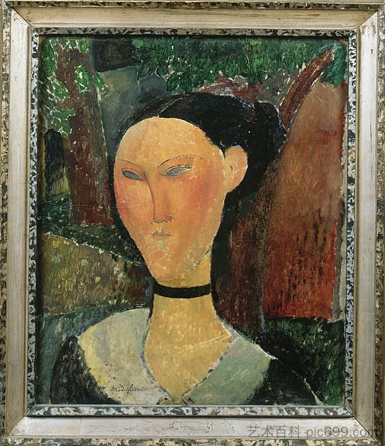 一个有天鹅绒丝带的女人 A woman with velvet ribbon (1915; Paris,France  )，阿梅代奥·莫迪利亚尼