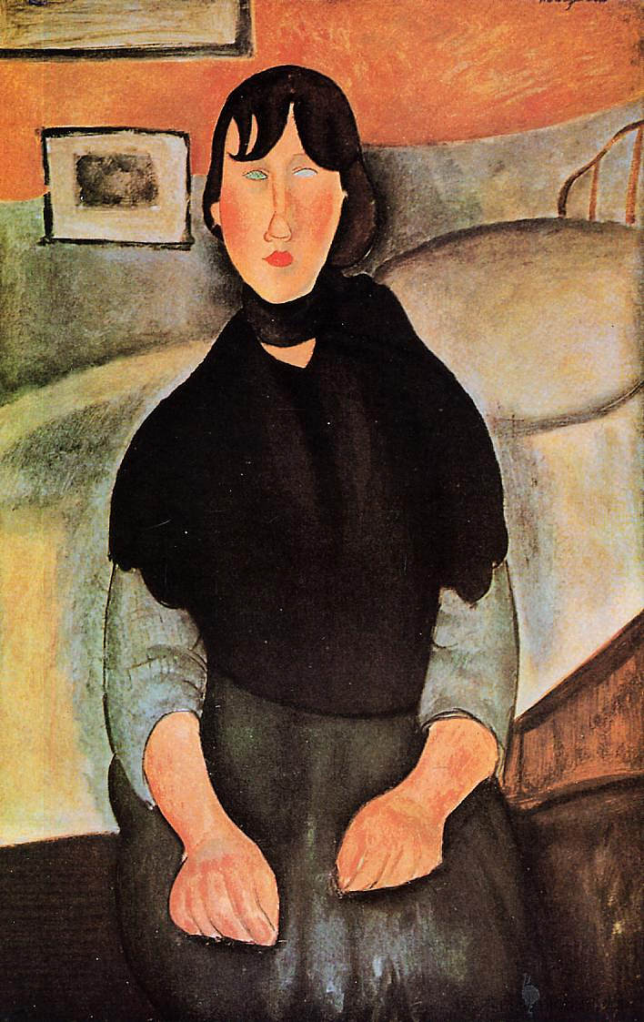 坐在床边的黑暗年轻女子 Dark Young Woman Seated by a Bed (1918; Paris,France ),阿梅代奥·莫迪利亚尼