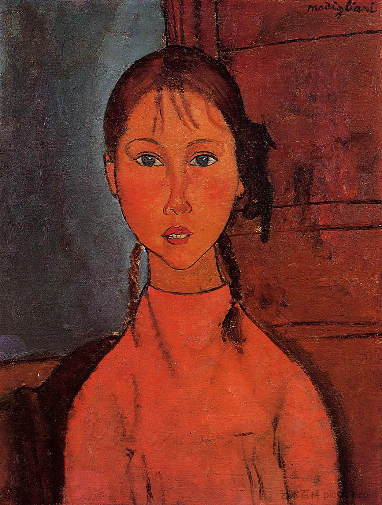 扎辫子的女孩 Girl with Pigtails (1918; Paris,France ),阿梅代奥·莫迪利亚尼