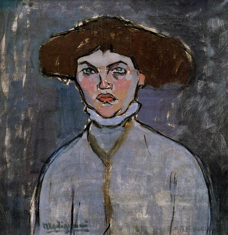 一个年轻女子的头 Head of a Young Woman (1908; Paris,France ),阿梅代奥·莫迪利亚尼