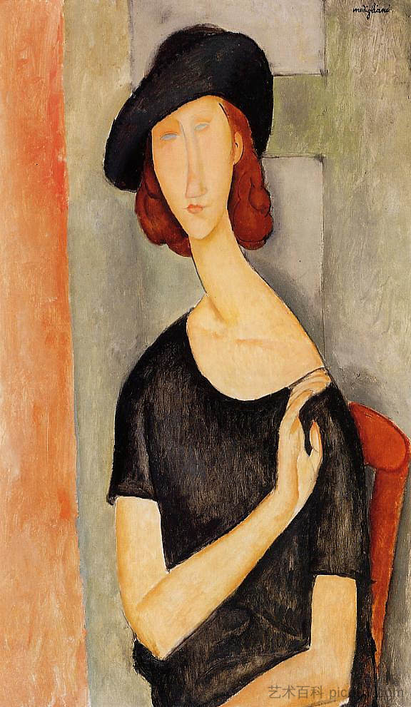 戴帽子的珍妮·赫布特恩 Jeanne Hebuterne in a Hat (c.1919; Paris,France ),阿梅代奥·莫迪利亚尼