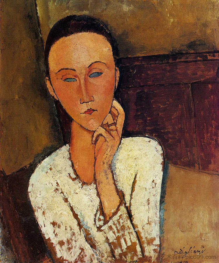 露妮娅·切乔斯卡左手放在脸颊上 Lunia Czechowska with her left hand on her cheek (1918; Paris,France ),阿梅代奥·莫迪利亚尼