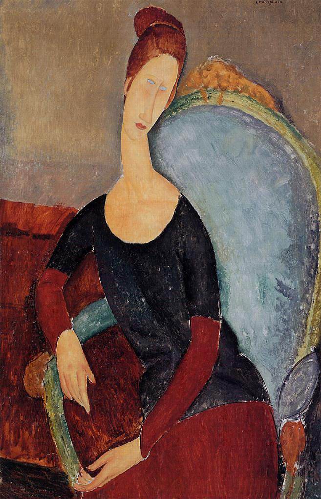 珍妮·赫布特恩在蓝色椅子上的肖像 Portrait of Jeanne Hebuterne in a Blue Chair (1918; Paris,France  )，阿梅代奥·莫迪利亚尼