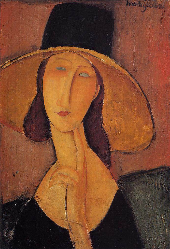 戴着大帽子的珍妮·赫布特恩的肖像 Portrait of Jeanne Hebuterne in a large hat (c.1918; Paris,France  )，阿梅代奥·莫迪利亚尼