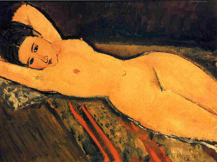 斜倚的裸体，双臂交叉在头下 Reclining nude with Arms Folded under Her Head (1916; Paris,France  )，阿梅代奥·莫迪利亚尼