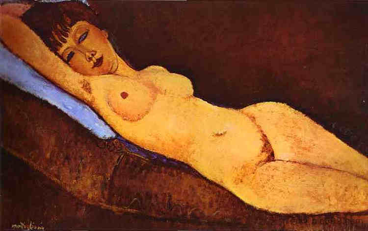 斜倚裸体与蓝色靠垫 Reclining nude with Blue Cushion (1917; Paris,France  )，阿梅代奥·莫迪利亚尼