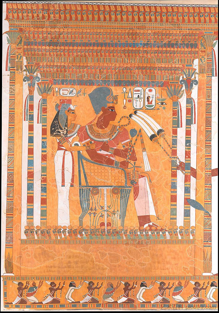 阿蒙霍特普三世和他的母亲穆特姆维亚在一个售货亭里 Amenhotep III and His Mother, Mutemwia, in a Kiosk (c.1390 - c.1353 BC)，古埃及