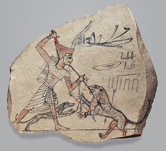法老刺狮子的艺术家素描 Artist’s Sketch of Pharaoh Spearing a Lion (c.1186 – c.1070 BC)，古埃及