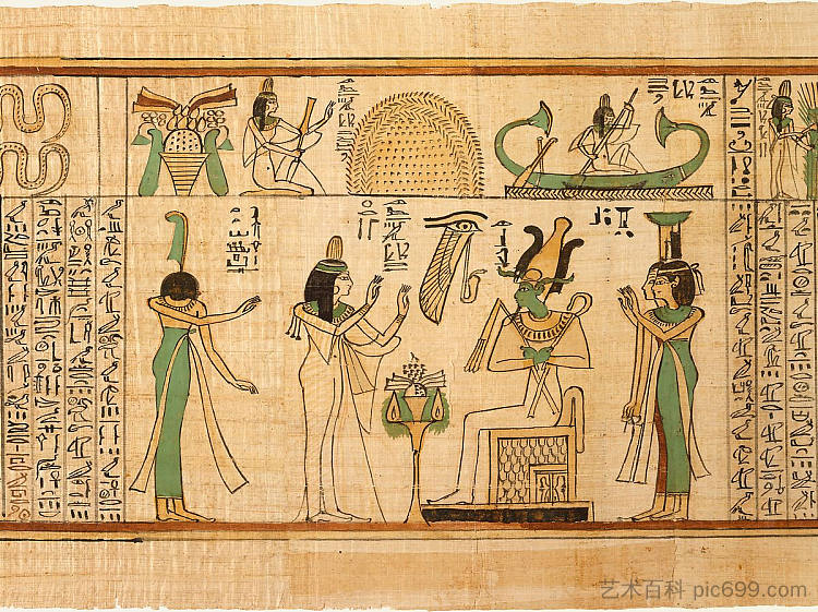 Nany Before Osiris， Isis and Nephthys （The Singer of the Elder of the Elder， Nany） Nany Before Osiris, Isis and Nephthys (Book of the Dead for the Singer of Amun, Nany) (c.1050 BC)，古埃及