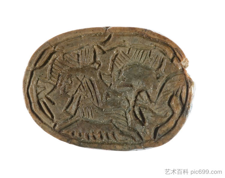 圣甲虫与狮子狩猎角动物 Scarab with a Lion Hunting Horned Animals (c.1600 - c.1500 BC)，古埃及