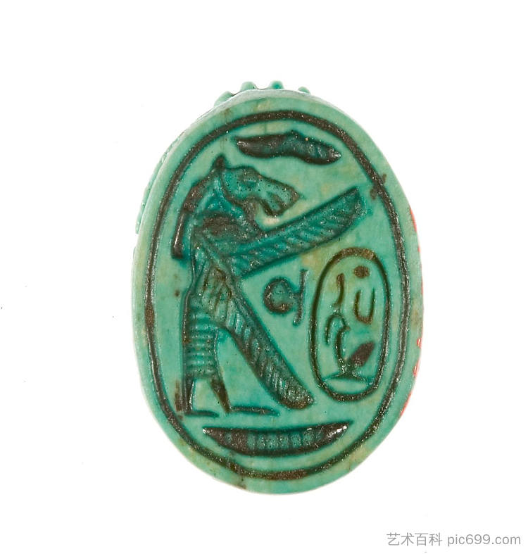 圣甲虫与狮子头女神保护马特卡雷 Scarab with Lion Headed Goddess Protecting Maatkare (c.1479 - c.1458 BC)，古埃及