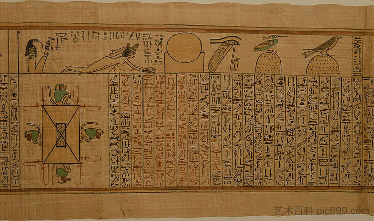 咒语126，火湖周围的4只狒狒（阿蒙歌手的死者之书，南尼） Spell 126, 4 Baboons Around Lake of Fire (Book of the Dead for the Singer of Amun, Nany) (c.1050 BC)，古埃及