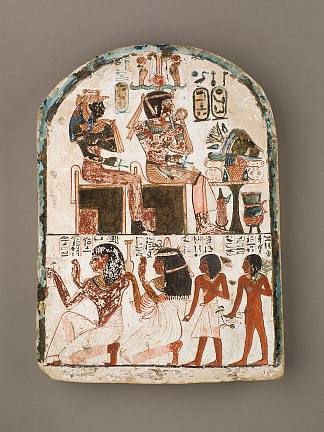 雕塑家秦崇拜阿蒙霍特普一世和阿赫摩斯·奈菲尔塔里的石碑 Stela of the Sculptor Qen Worshipping Amenhotep I and Ahmose Nefertari (c.1279 – c.1213 BC)，古埃及