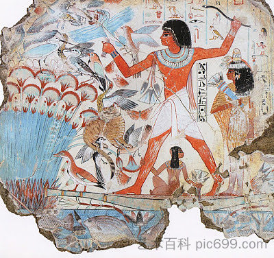 在纸莎草纸之间狩猎，尼巴蒙的坟墓 Hunt Between Papyri, Nebamun's Tomb (c.1550 - c.1295 BC)，古埃及