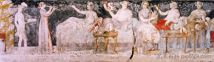 希腊塞萨洛尼基圣阿萨纳西奥斯马其顿墓的宴会场景 A Banquet Scene from a Macedonian Tomb of Agios Athanasios, Thessaloniki, Greece (c.350 BC),古希腊绘画和雕塑