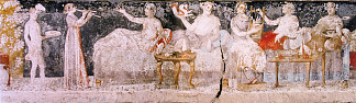 希腊塞萨洛尼基圣阿萨纳西奥斯马其顿墓的宴会场景 A Banquet Scene from a Macedonian Tomb of Agios Athanasios, Thessaloniki, Greece (c.350 BC)，古希腊绘画和雕塑