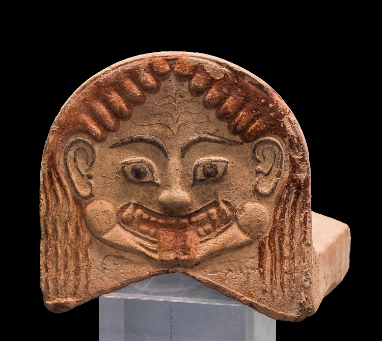 古希腊彩色前置，饰有戈尔戈纳 Ancient Greek Polychrome Antefix, Featuring a Gorgona (c.450 BC)，古希腊绘画和雕塑