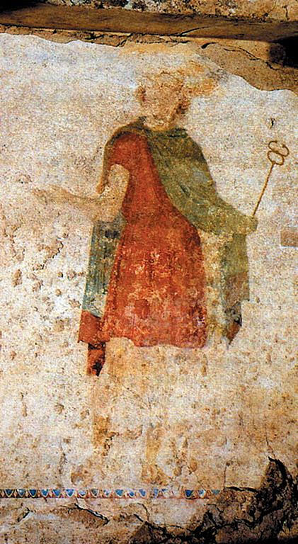 希腊古代米埃萨审判墓的壁画（爱马仕） Fresco from the Tomb of Judgment in Ancient Mieza, Greece (Hermes) (c.200 BC)，古希腊绘画和雕塑