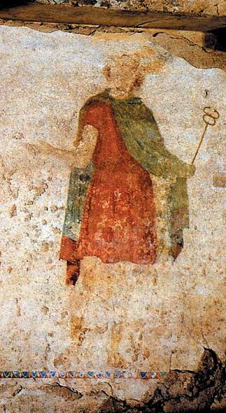 希腊古代米埃萨审判墓的壁画（爱马仕） Fresco from the Tomb of Judgment in Ancient Mieza, Greece (Hermes) (c.200 BC)，古希腊绘画和雕塑