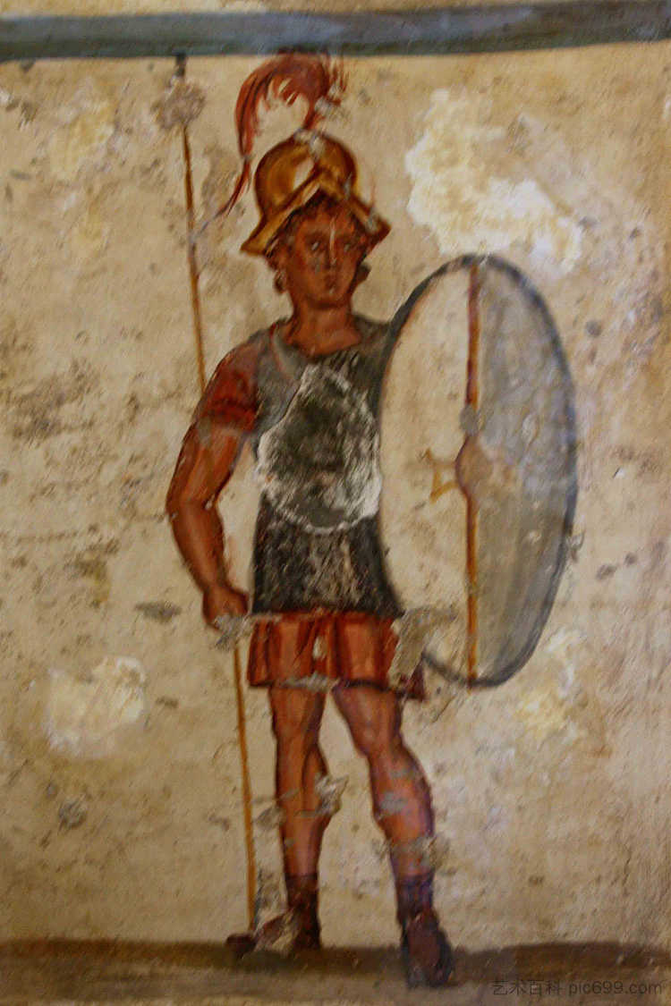 古代马其顿士兵（thorakitai）的壁画，穿着锁子甲，手持Thureos盾牌 Fresco of An Ancient Macedonian Soldier (thorakitai) Wearing Chainmail Armor and Bearing a Thureos Shield (c.250 BC)，古希腊绘画和雕塑