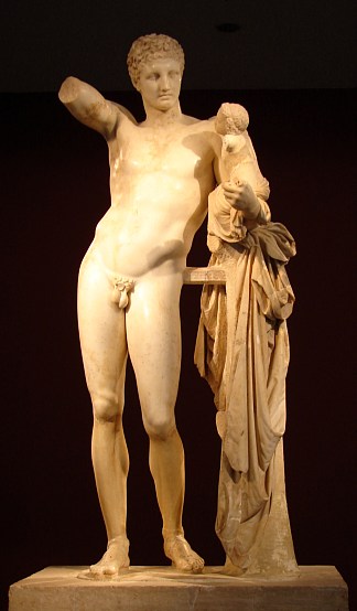 赫尔墨斯与年轻的狄俄尼索斯，普拉克西特勒斯 Hermes with Young Dionysus, by Praxyteles (c.350 – c.345 BC)，古希腊绘画和雕塑