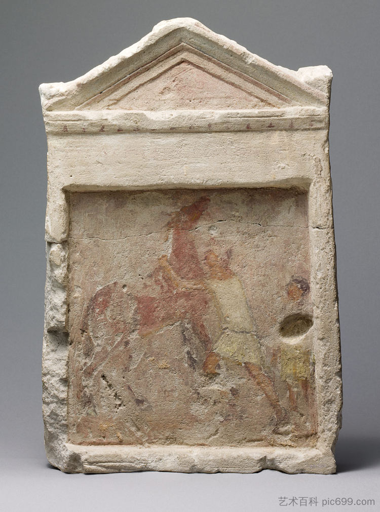 彩绘石灰石葬礼板,一个男人控制着一匹饲养的马 Painted Limestone Funerary Slab with a Man Controlling a Rearing Horse (c.275 BC),古希腊绘画和雕塑