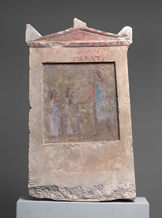 彩绘石灰石墓碑与一名士兵和两个女孩 Painted Limestone Funerary Slab with a Soldier and Two Girls (c.275 BC)，古希腊绘画和雕塑