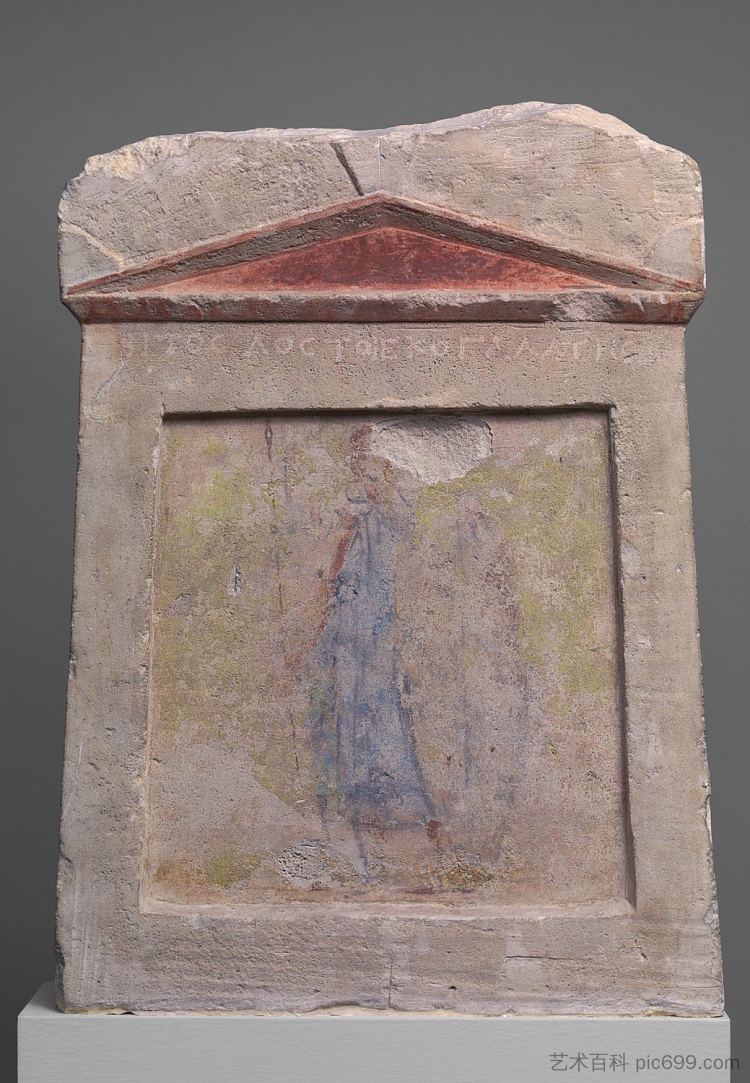 彩绘石灰石陪葬板，士兵轻松站立 Painted Limestone Funerary Slab with a Soldier Standing at Ease (c.275 BC)，古希腊绘画和雕塑