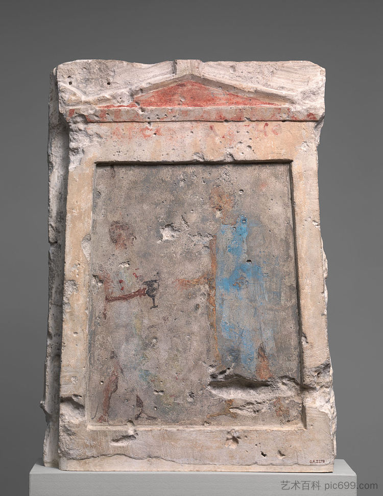 彩绘石灰石陪葬板,一名士兵从他的侍从手中拿走坎塔罗斯 Painted Limestone Funerary Slab with a Soldier Taking a Kantharos from His Attendant (c.275 BC),古希腊绘画和雕塑